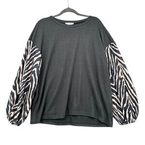 LUUKSE Grey‎ & White Long Sleeves Zebra Print Relaxed Fit Crewneck Sweatshirt 1X